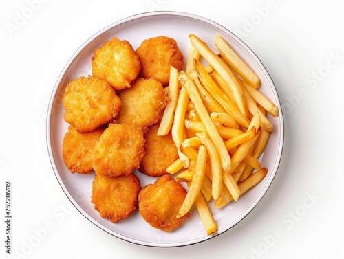 Plate of nuggets and french fries isolated on a white background