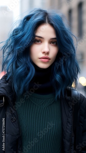 Woman With Blue Hair Standing in Street