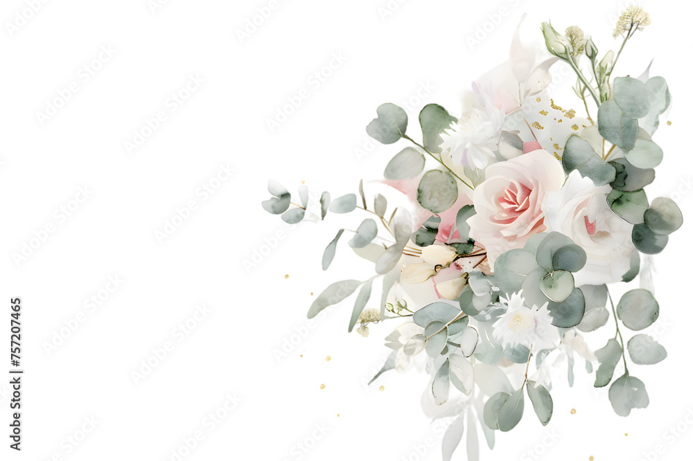 Gentle pink and white watercolor flowers with green eucalyptus leaves isolated on transparent background