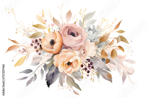 Gentle pink and white watercolor flowers with green eucalyptus leaves isolated on transparent background © Oksana