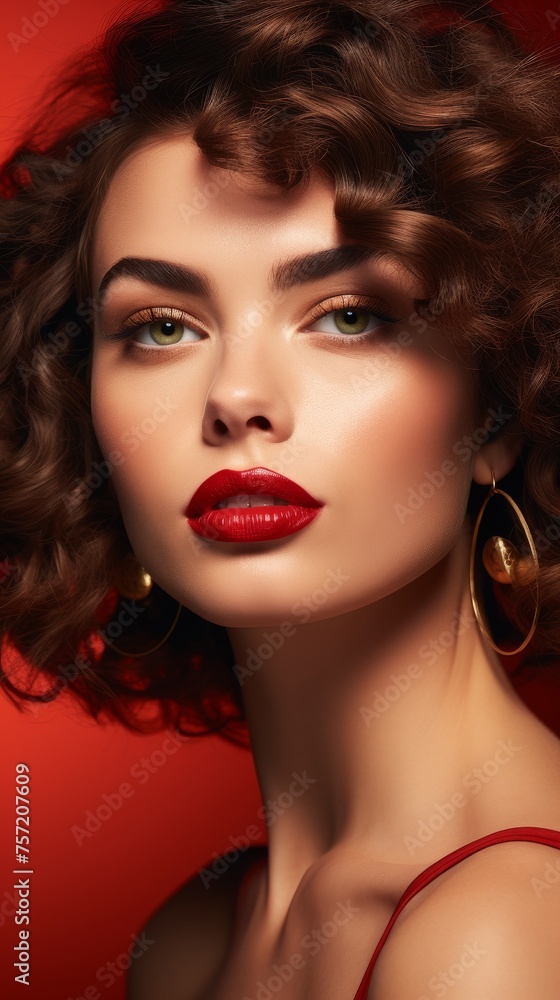 Woman Wearing Red Lipstick and Large Hoop Earrings Woman Wearing Red Lipstick and Large Hoop Earrings