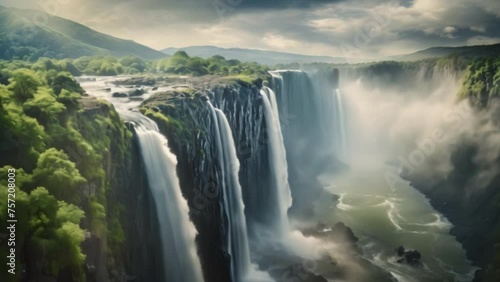 Stunning aerial photos of majestic waterfalls cascading down sheer cliffs. Surrounded by lush greenery photo