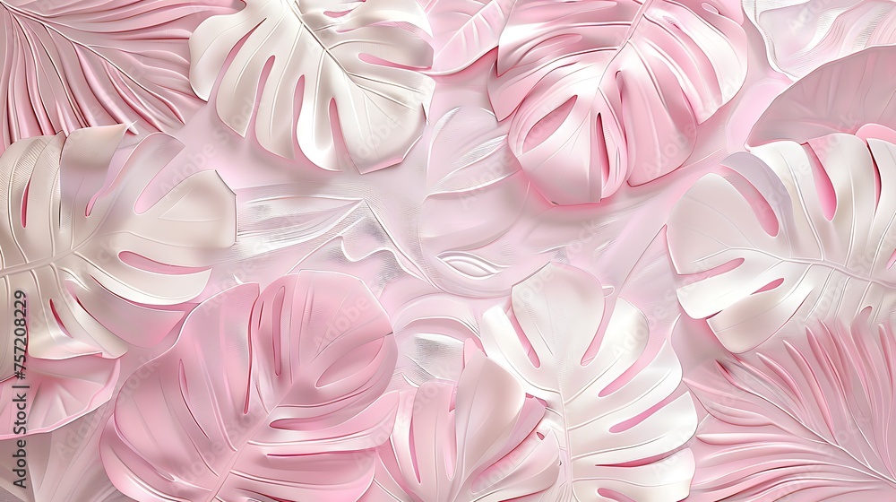 White, pink geometric floral leaves 3d affect Monstera wall texture, floral background illustration banner. Graphic resource abstract, feminine pink tropical leaves, ocean vacation panorama by Vita White, pink geometric floral leaves 3d affect Monstera wall texture, floral background illustration banner. Graphic resource abstract, feminine pink tropical leaves, ocean vacation panorama by Vita