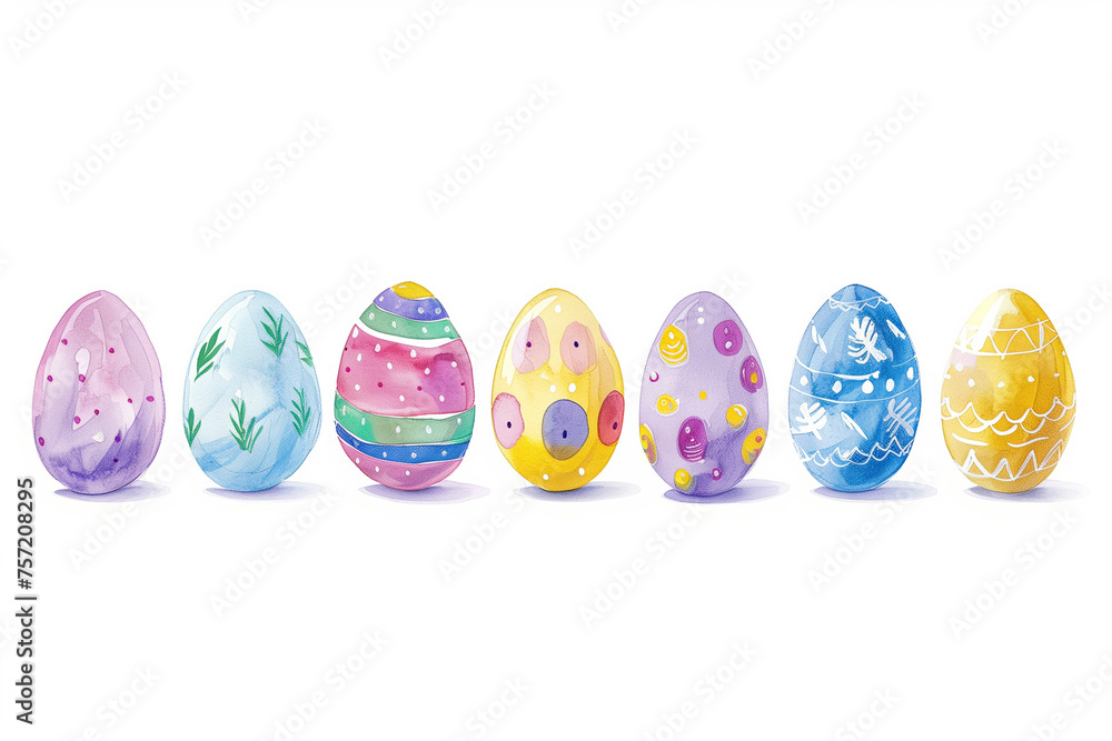 Easter eggs cute draw colorful shiny row set on white background.