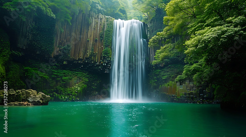 A majestic waterfall cascading down rugged cliffs into a pristine emerald pool below  surrounded by lush rainforest.
