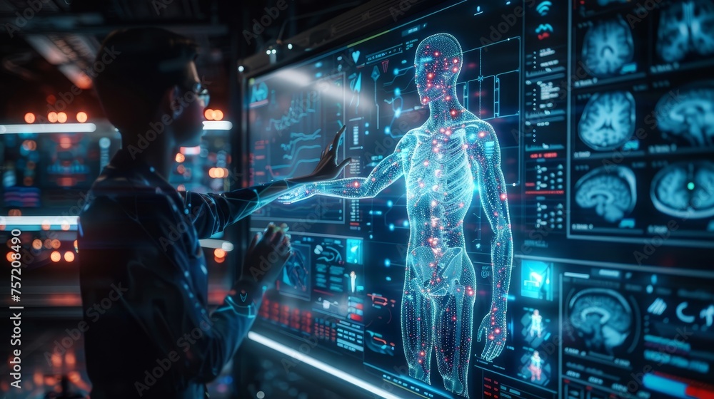 3D human hologram with HUD interface. Futuristic Human Body Analysis Interface with Holographic Anatomy. 3D human hologram with HUD interface. Futuristic Human Body Analysis Interface with Holographic Anatomy.