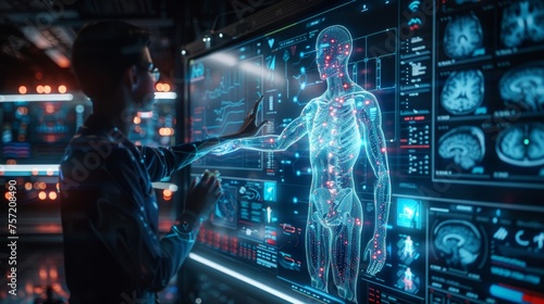 3D human hologram with HUD interface. Futuristic Human Body Analysis Interface with Holographic Anatomy.