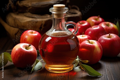 Bottle of apple cider vinegar and red apples on rustic wooden table. Ai Generative