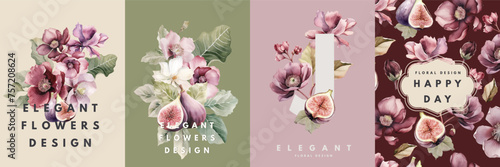 Watercolor cards design templates with flowers and figs fruits #757208624