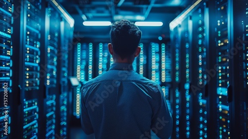 a data center operator is checking the system status on the server room dashboard