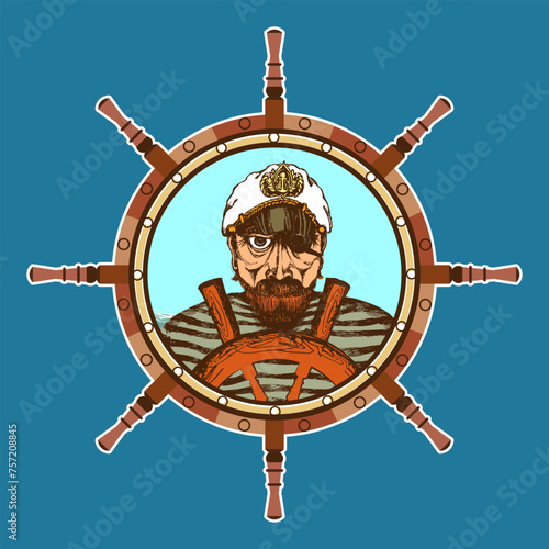 Round portrait of a one-eyed pirate in a captain's cap. The picture is framed in the shape of a sea helm. Blue background. Vector illustration