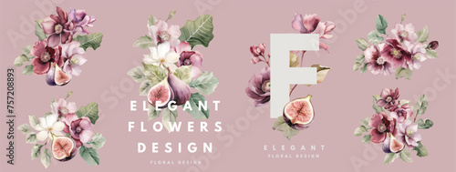 Watercolor cards design templates with flowers and figs fruits