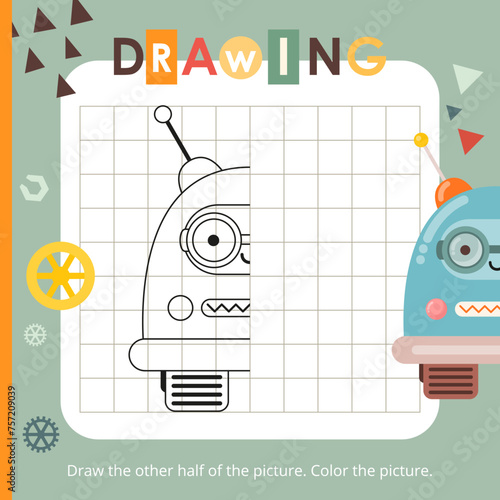 Cute Robots activities for kids. Finish the picture – Robot. Logic games for children. Square Coloring page. Vector illustration.