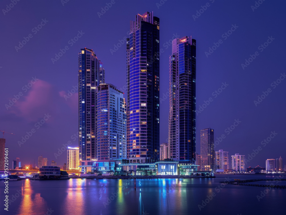 Fototapeta premium Downtown city skyscraper photograph in the evening, night lights