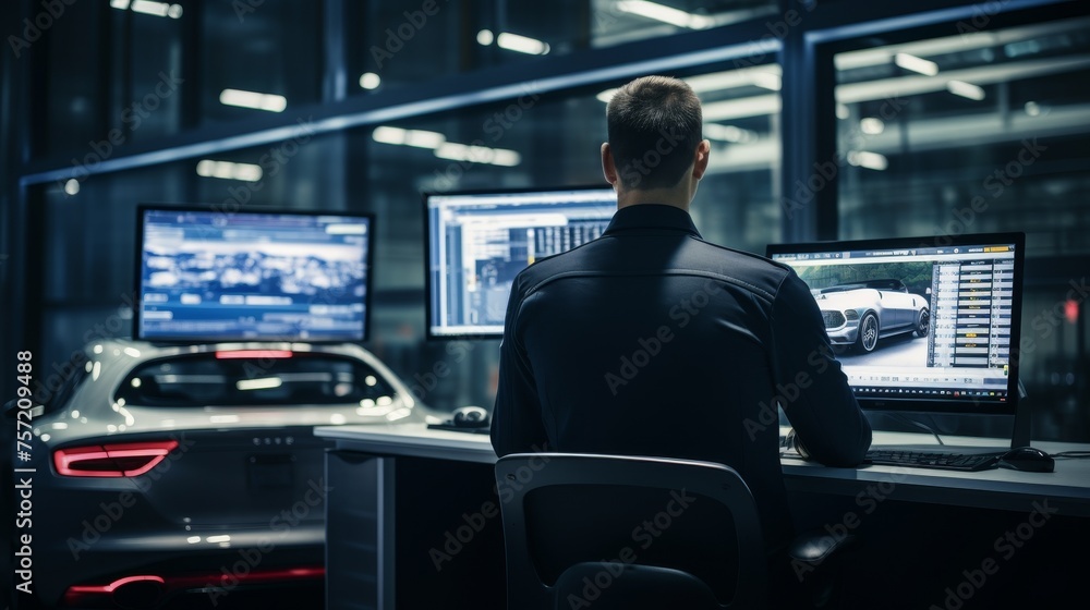 Automotive engineer sitting in front of a computer monitoring control car factory work desk Automotive engineer sitting in front of a computer monitoring control car factory work desk