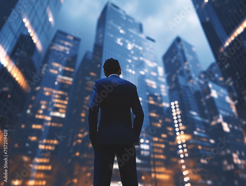 Confident Businessman Standing Before Urban Skyline
