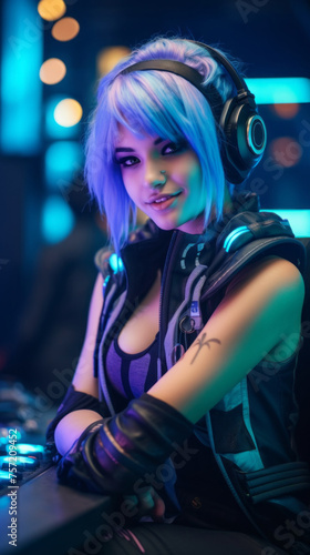 A beautiful young Streamer Gamer  Blogger  cyberpunk cosplayer  a teenage girl with headphones  blue hair  looking at the camera in a neon-lit game room. Cyber Sports  Esports  Hobby concepts.