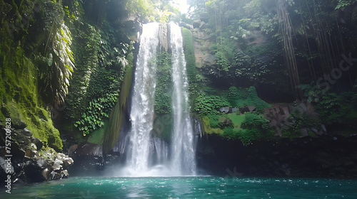 A majestic waterfall plunging into a crystal-clear pool below, surrounded by towering cliffs and lush tropical foliage.
