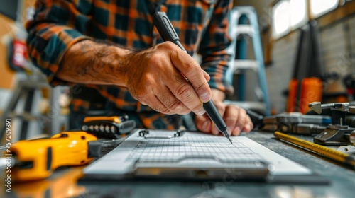 a mechanic is measuring a job checklist in a car repair shop