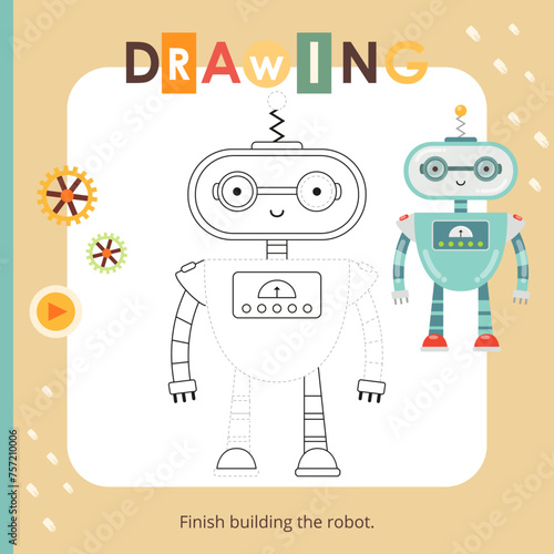 Cute Robots activities for kids. Tracing the picture – Robot. Logic games for children. Square Coloring page. Vector illustration.