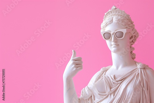 Ancient Statue With Sunglasses Giving Thumbs Up Against Red Background