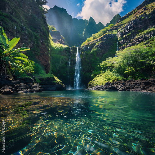 A majestic waterfall plunging into a crystal-clear pool below  surrounded by towering cliffs and lush tropical foliage.