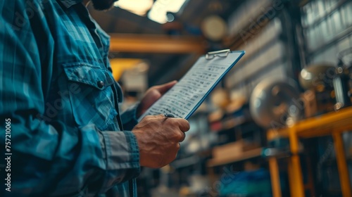 a mechanic is measuring a job checklist in a car repair shop photo