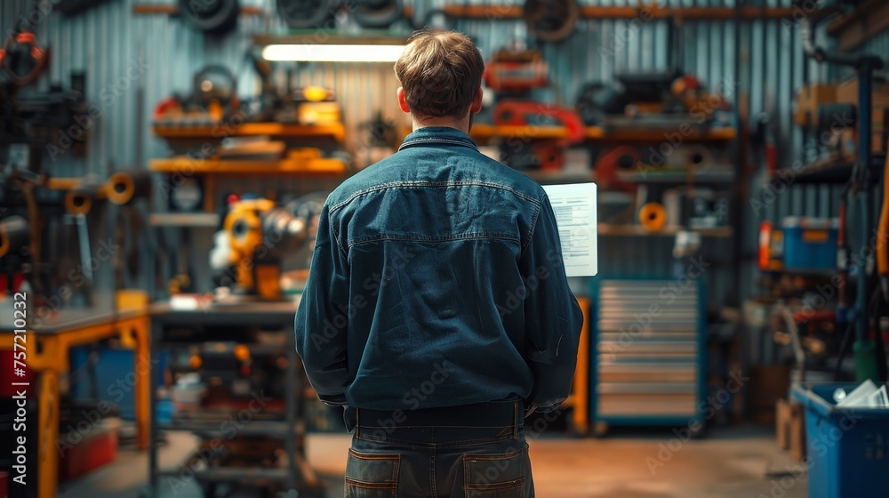 a mechanic is measuring a job checklist in a car repair shop a mechanic is measuring a job checklist in a car repair shop