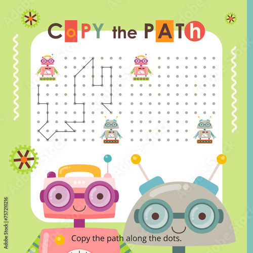 Cute Robot activities for kids. Copy the path for Robots. Logic games for children. Vector illustration. Book square format. © Nursery Art