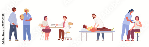 Set of doctors and patients. Medical examination, consultation, diagnostics by narrow specialists. Concept of healthcare and medicine. Clinic, hospital services. Vector flat cartoon illustration.