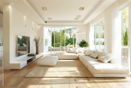 A beautifully designed living room in a contemporary style, featuring a natural white and beige color scheme, capturing a cosy and simple home interior in daylight. © RodriguezGarcia