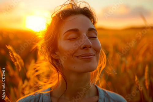 Golden Hour Bliss: Serene Woman Embracing Life in the Fields at Sunset © Fernando Cortés