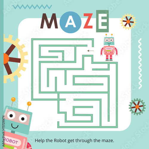 Cute Robots Maze game for children. Help Robot find correct path. Vector illustration. Labyrinth for kids activity book. Book square format.