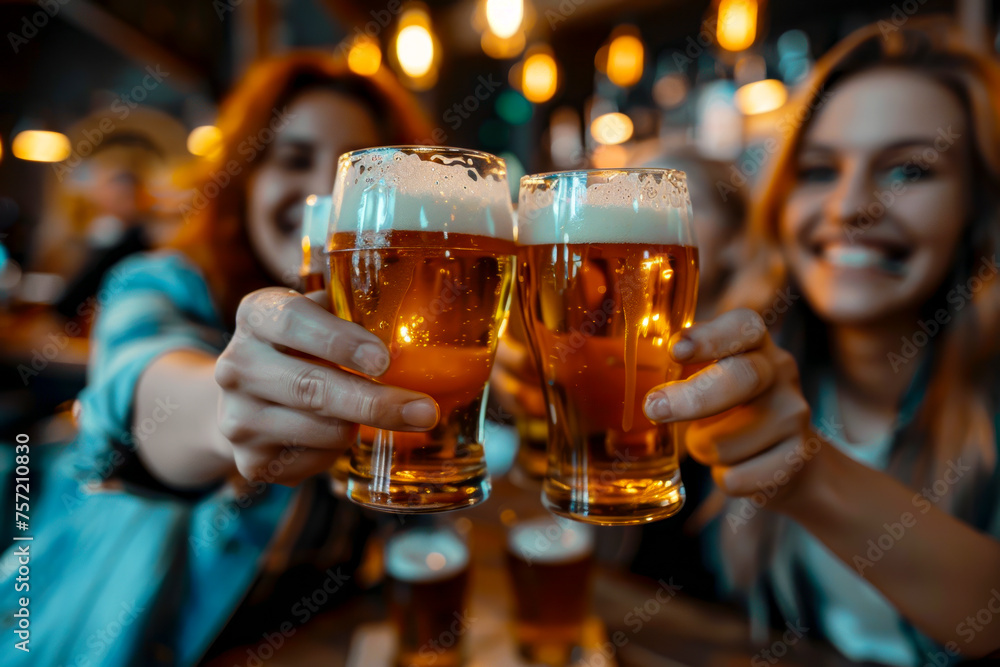 Cheers and Beers: Young Friends Celebrating Happy Hour at Brewery Pub Table