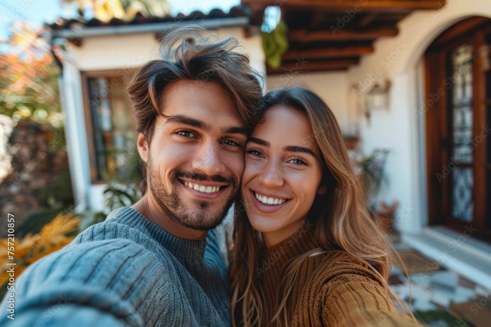 Smiling couple proudly displaying their new home keys in front of their house, ready for a fresh start Smiling couple proudly displaying their new home keys in front of their house, ready for a fresh start