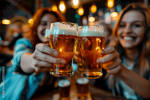Cheers and Beers: Young Friends Celebrating Happy Hour at Brewery Pub Table
