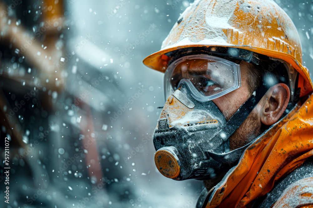 Skilled construction worker protected by top-quality dust mask amidst glass wool dust particles at construction site. Skilled construction worker protected by top-quality dust mask amidst glass wool dust particles at construction site.