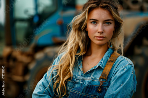 Confident and Proud Female Farmer Poses with Agricultural Machinery