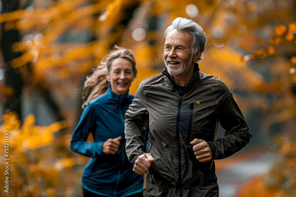 Elderly Couple Embracing Active Retirement: Smiling Together While Jogging Outdoors, Enjoying Healthy Lifestyle and Fitness in Nature