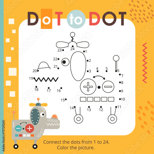 Cute Robot activities for kids. Dot to dot game – Dog. Numbers games for kids. Coloring page. Vector illustration.