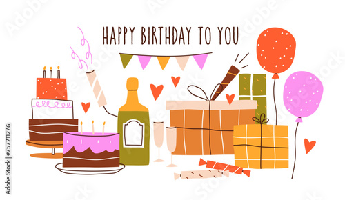 Happy Birthday, holiday card design. Bday celebration decorations, anniversar...