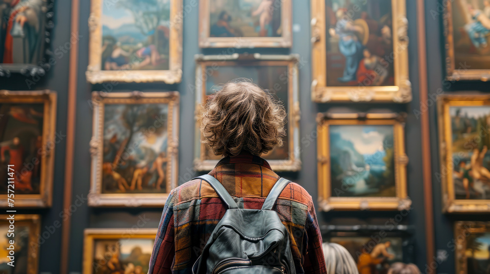 Exploring Renaissance Art: Adult Contemplating Masterpieces in Historic Museum Gallery