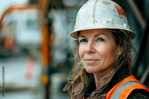 Mature woman in hard hat and work vest smirking on construction site: Empowering the female workforce in construction.