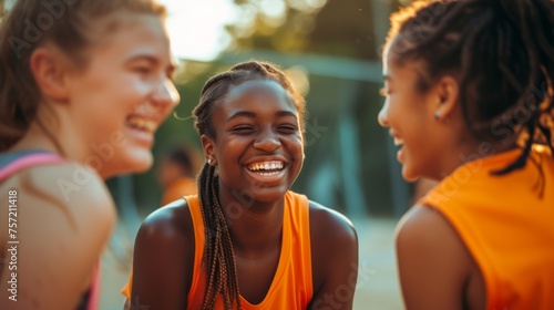 A young girl in an orange sportswear laughing heartily with her basketball teammates in an outdoor court during sunset