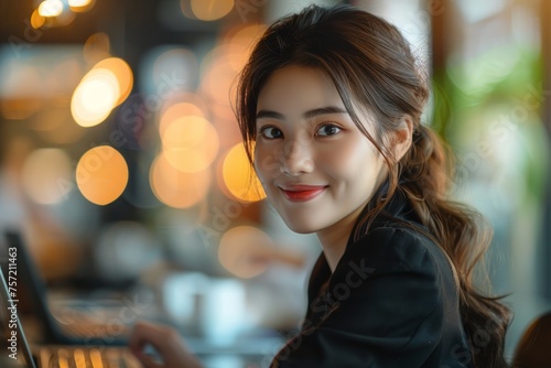 Side view of business woman smiling while working with laptop typing the keyboard in office. Business woman concept