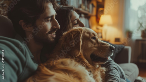 A heartwarming scene of a couple with their dog, a golden retriever, enjoying a serene moment together on a cozy sofa indoors