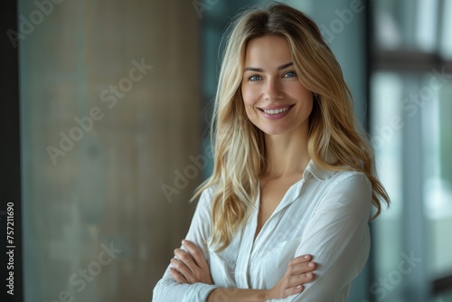 Standing confident business woman smiling and looking at camera. Business woman concept