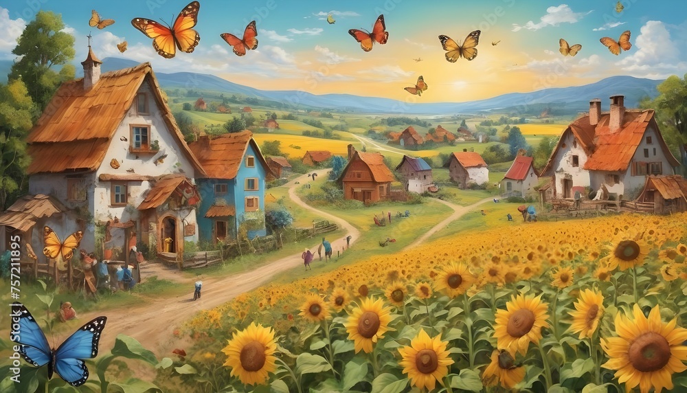 A whimsical depiction of Dobroslav village, with playful animals frolicking in the fields of sunflowers and colorful butterflies fluttering through the air, creating a lively and vibrant atmosphere.