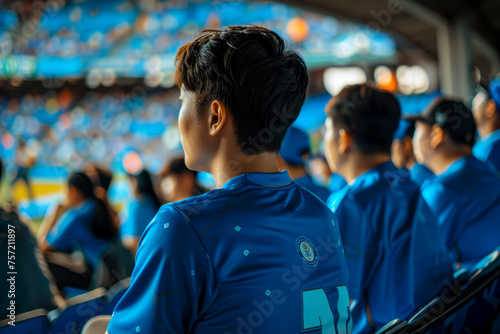 Blue-shirted fans in the stands: cheering on their team in the live match from the fan zone