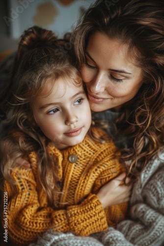 Young black mother holding her daughter embracing, their foreheads touching, sharing a tender moment in a cozy home. Maternal love concept